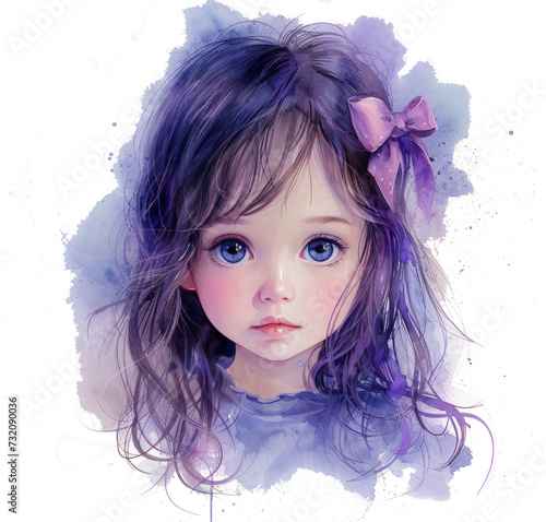 a child with long hair, blue eyes, and pink bow in blue watercolor isolated