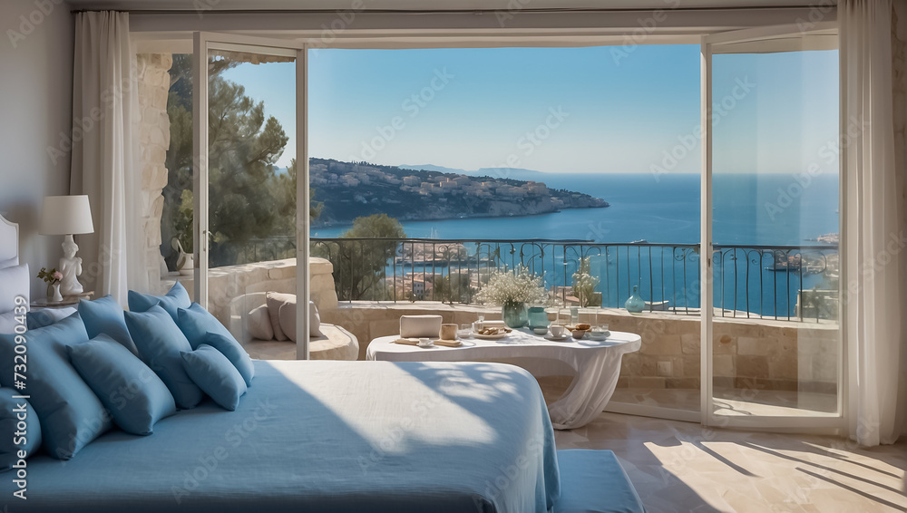 Fototapeta premium Beautiful hotel room with sea view romantic