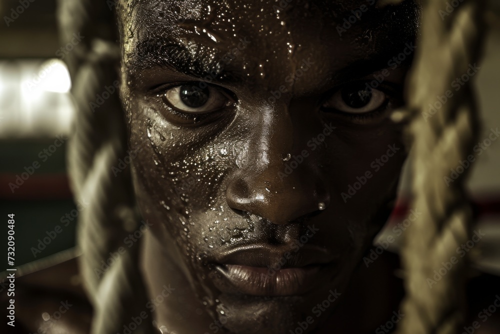 A striking portrait of a man with water droplets clinging to his face, capturing the vulnerability and strength within his close features A striking portrait of a man with water droplets clinging to his face, capturing the vulnerability and strength within his close features