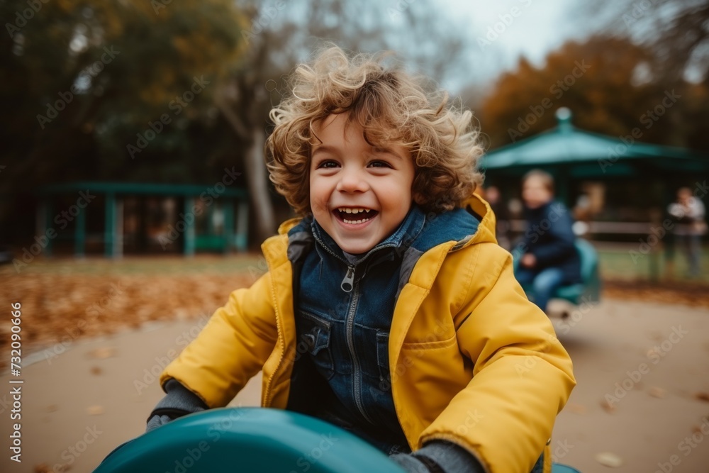 Cheerful child having a great time on a range of playground equipment in the lively park atmosphere Cheerful child having a great time on a range of playground equipment in the lively park atmosphere