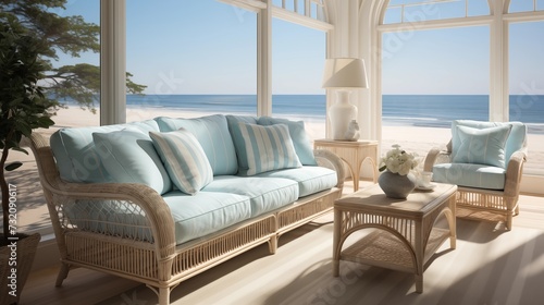 A coastal sunroom with a white wicker sofa, a blue coffee table, a striped rug, and a sea view. © Aeman