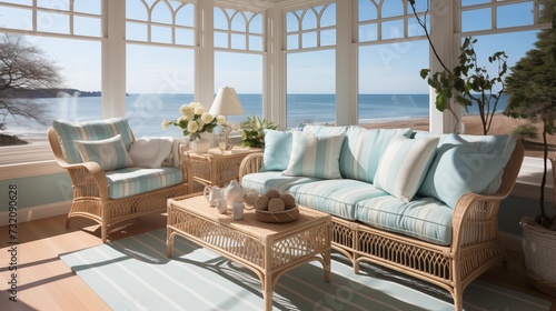 A coastal sunroom with a white wicker sofa, a blue coffee table, a striped rug, and a sea view.