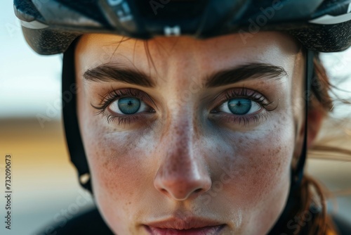 A fearless woman prepares for adventure, her intense gaze framed by a helmet and accentuated by perfectly arched eyebrows and long eyelashes