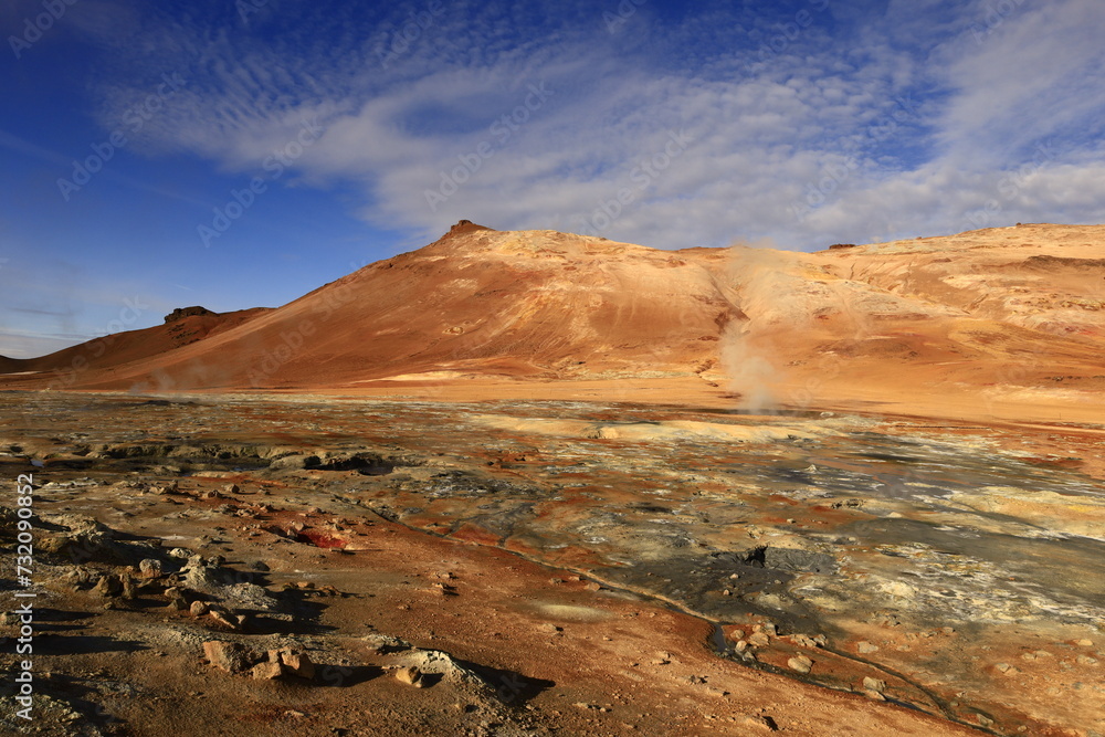 Fototapeta premium Hverarönd is a hydrothermal site in Iceland with hot springs, fumaroles, mud ponds and very active solfatares. It is located in the north of Iceland