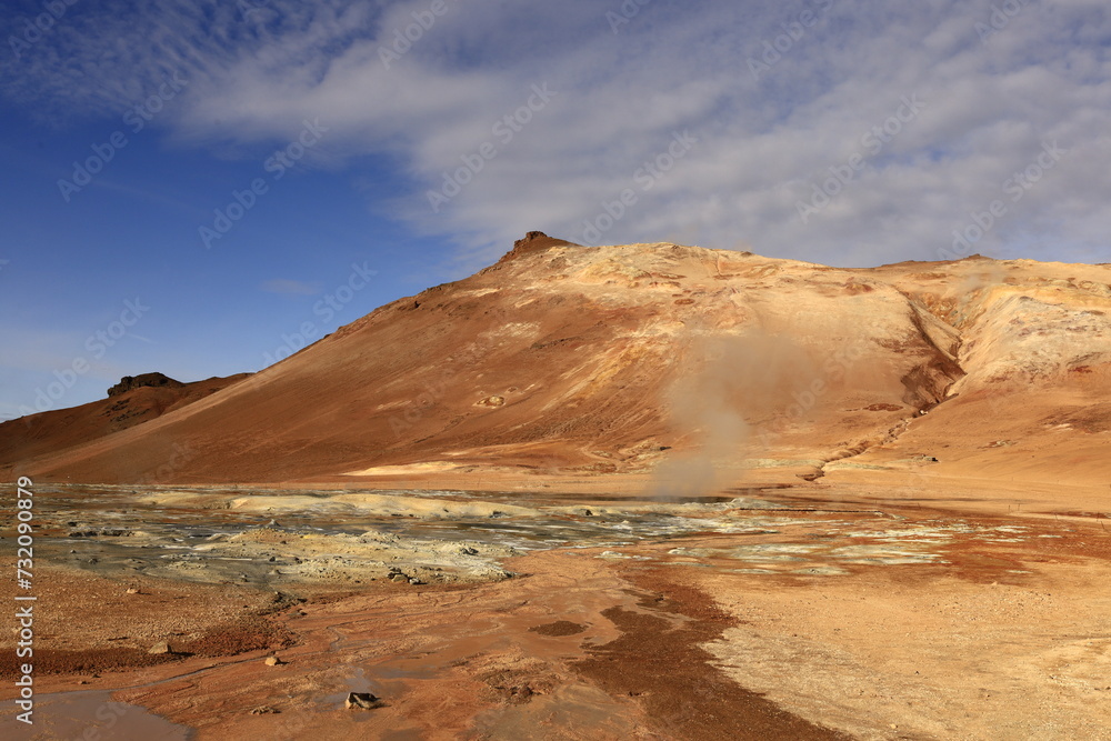 Naklejka premium Hverarönd is a hydrothermal site in Iceland with hot springs, fumaroles, mud ponds and very active solfatares. It is located in the north of Iceland