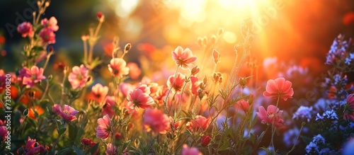 The sunlight illuminates the flowering plants in the field, casting a warm glow on their petals and creating a picturesque natural landscape. © AkuAku