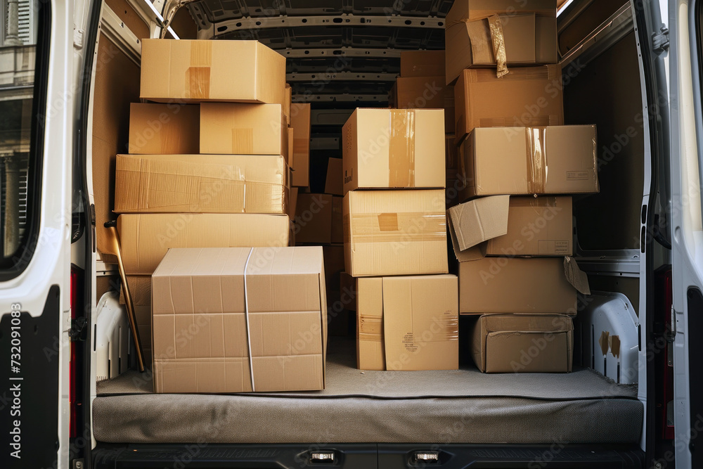 Van is filled with a large number of cardboard boxes. Densely packed boxes for delivery or transport Van is filled with a large number of cardboard boxes. Densely packed boxes for delivery or transport