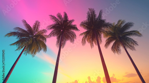 View of tall palm trees against a rainbow sky © GeorgeAI