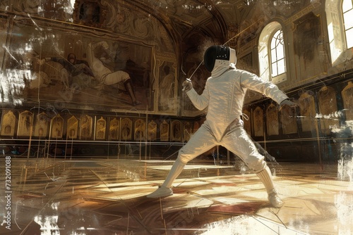 A lone figure  dressed in white  stands amidst a room filled with vibrant paintings and delicate sculptures  their sword at the ready as they gracefully dance across the polished floors of the grand 