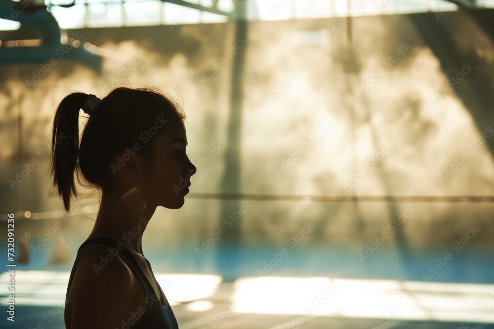 A determined woman in a swimsuit gazes towards the sun as she prepares for an intense indoor workout, her silhouette a symbol of strength and determination A determined woman in a swimsuit gazes towards the sun as she prepares for an intense indoor workout, her silhouette a symbol of strength and determination