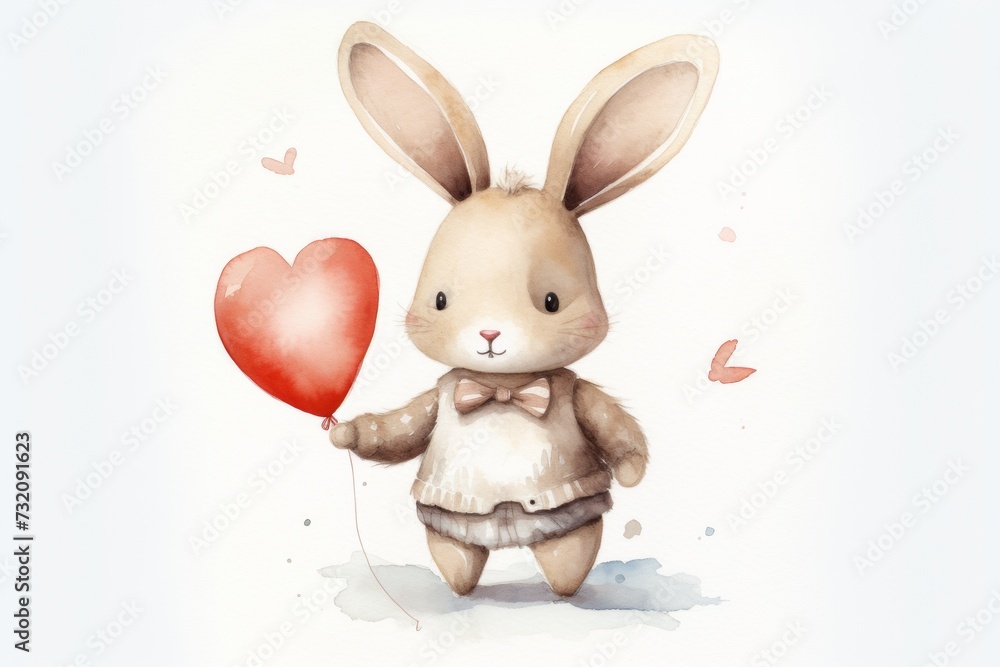 Obraz premium Charming watercolor illustration of a bunny with a heart-shaped balloon, perfect for Valentine's cards and decorations.