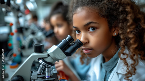 Children look through microscopes in a bright scientific laboratory