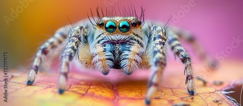 A terrestrial jumping spider, an arthropod and invertebrate organism, with blue eyes, sits on a leaf in macro photography.
