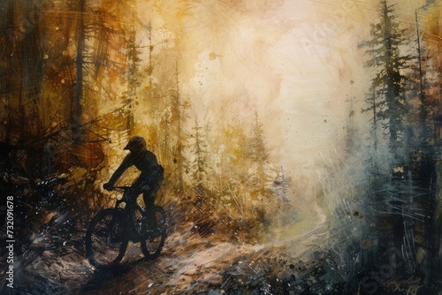 A solitary cyclist traverses the lush forest trails, their journey immortalized in a vibrant painting capturing the freedom and connection to nature found in this beloved outdoor activity
