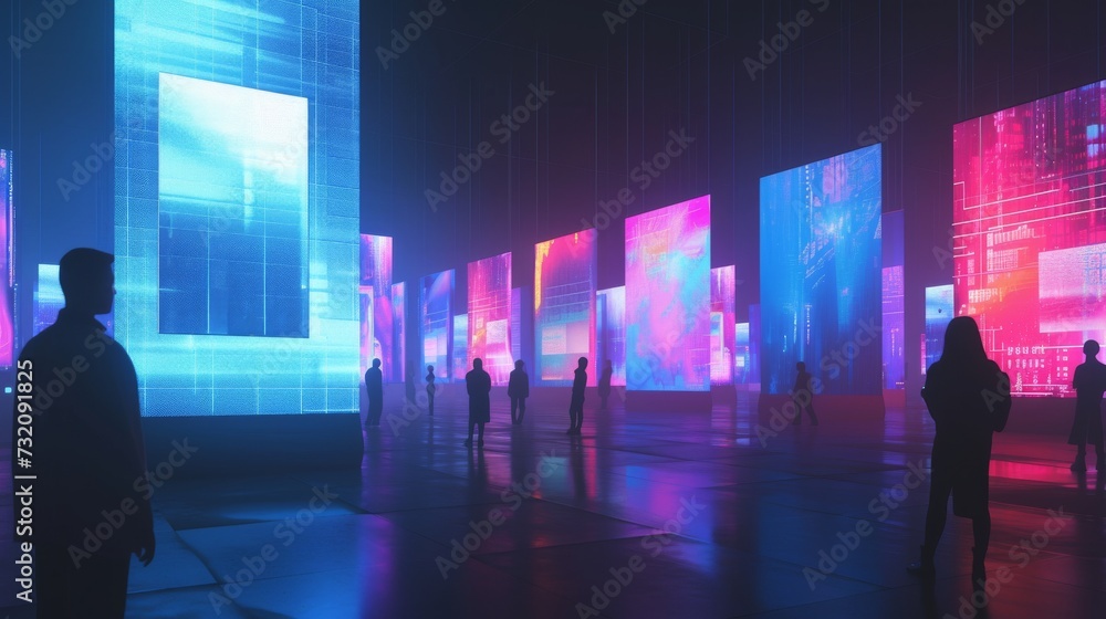 A diverse group of individuals gather in a dimly lit room adorned with abstract art, their clothing a reflection of their individual styles, as they all gaze upon the large screens displaying a mesme A diverse group of individuals gather in a dimly lit room adorned with abstract art, their clothing a reflection of their individual styles, as they all gaze upon the large screens displaying a mesme