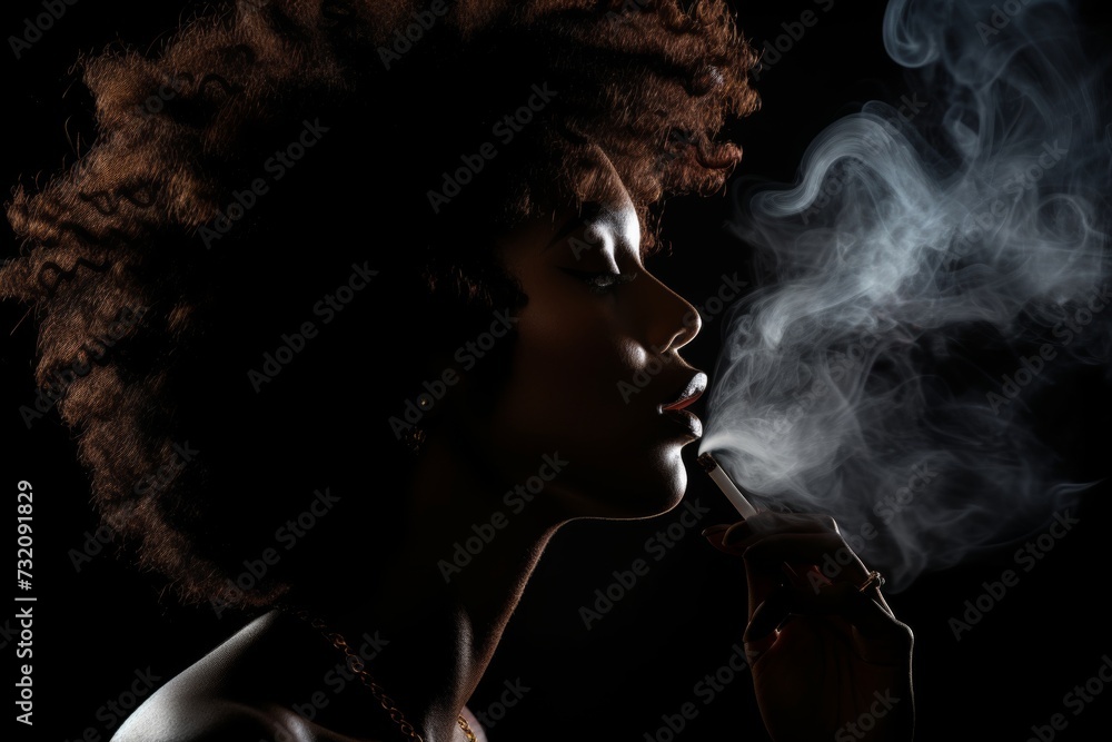 Glamorous close-up portrait of a young woman with a cigarette smoking sensually in black and white
