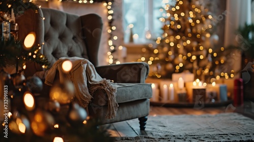 Cozy Christmas Scene with Defocused Room and Copy Space for Holiday Greetings