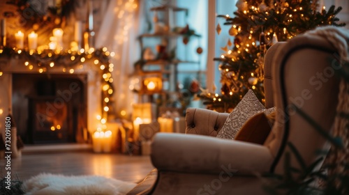 Cozy Christmas Glow: Defocused Living Room with Copy Space and Festive Decor