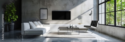 Modern Loft Living: Interior Design with White Sofa and TV Unit