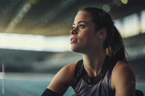 A determined lady with a fierce expression and athletic build poses in her sports outfit, her face framed by her shoulder and neck, exuding confidence and strength photo