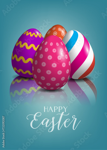 Easter eggs on a blue background. Vector greeting card concept with removable text 