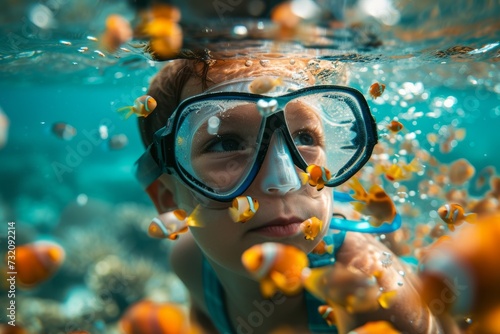 Exploring the vibrant underwater world, a curious child in goggles marvels at the diverse organisms of the reef while swimming among colorful fish © ChaoticMind