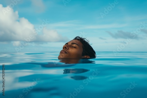 A lone figure immersed in the crystal waters, their face reflecting the clear blue sky above as they glide through the tranquil pool, a symbol of strength and freedom in the beauty of nature