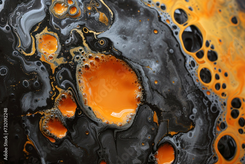 Close-up liquid with swirling patterns orange drops and bubbles