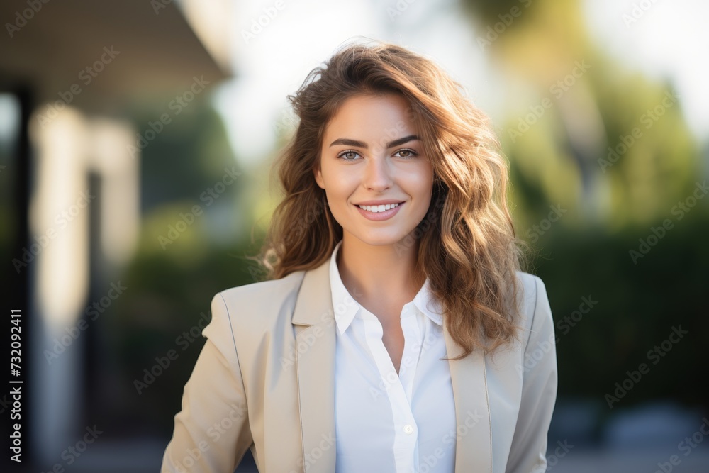Confident american realtor stands proudly outside modern home ready to assist buyers Confident american realtor stands proudly outside modern home ready to assist buyers