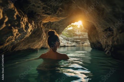 A solitary figure gracefully swims in the tranquil waters of an underground lake, surrounded by the raw beauty of nature within the depths of a cave