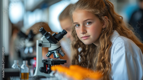 Children look through microscopes in a bright scientific laboratory