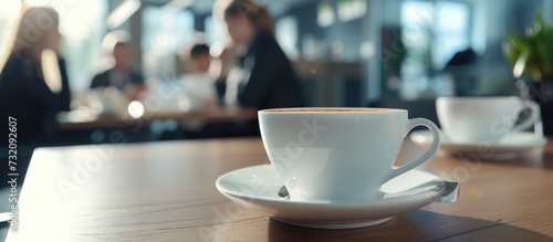 Close up cups of coffee or tea on the table in the blur office workers background. AI generated