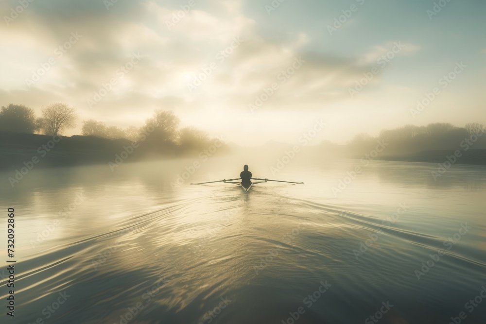 As the misty fog enveloped the serene lake, a solitary figure gracefully glided across the water, their paddle gently cutting through the stillness of the dawn As the misty fog enveloped the serene lake, a solitary figure gracefully glided across the water, their paddle gently cutting through the stillness of the dawn