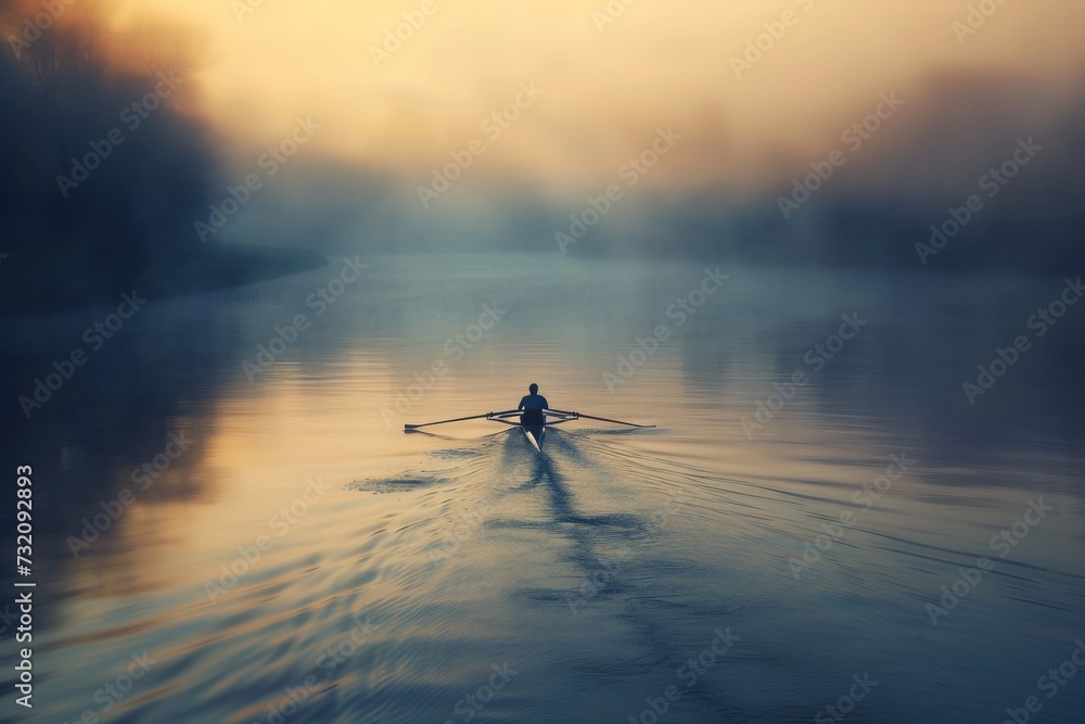 As the morning fog dissipates over the serene lake, a determined athlete rows through the calm water, fully immersed in the beauty of nature and the challenging sport of rowing - obrazy, fototapety, plakaty 
