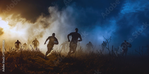 Dramatic scene of players running in a racing match