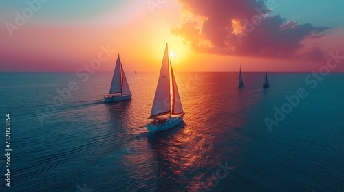 Aerial view of stunning sailboats sailing in perfect harmony on the serene blue sea photo