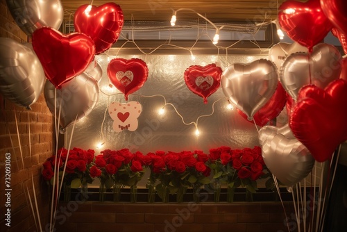 A cozy, romantic corner decorated with heart-shaped balloons and red roses, illuminated by the soft glow of string lights. The setting is intimate and warm, perfect for a Valentine's Day
