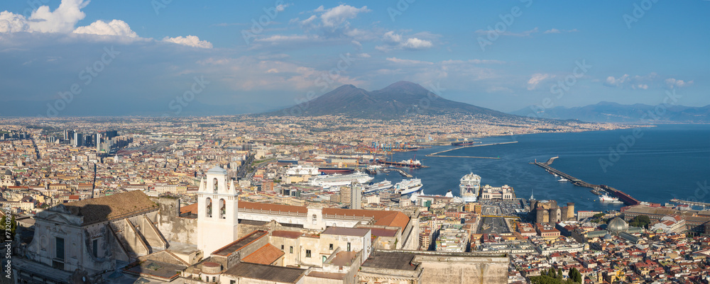 NAPLES, ITALY - APRIL 22, 2023: The panorama of Naples in the evening light.