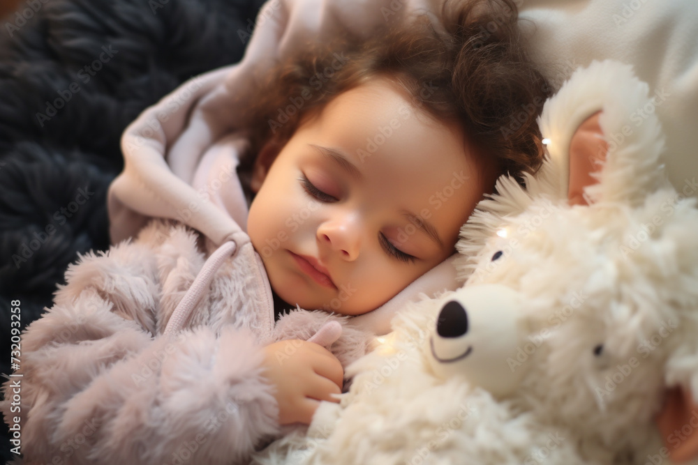 cute funny pretty beautiful happy baby child toddler boy girl sleeping in bedroom daughter son, toy calm sweet dream young parents care childhood comfortable teddy asleep pillow. cute funny pretty beautiful happy baby child toddler boy girl sleeping in bedroom daughter son, toy calm sweet dream young parents care childhood comfortable teddy asleep pillow.