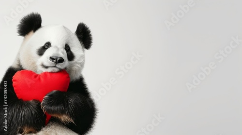 A cuddly panda toy with soft black fur clutches a bright red heart, radiating love and warmth as a symbol of the enduring bond between humans and animals
