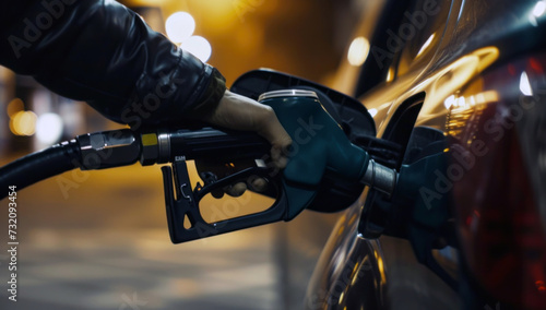 A person is filling a car with petrol. A person holds a fuel nozzle while refueling a car during a petrol station
