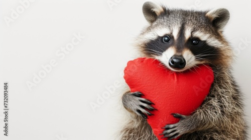 A lovable raccoon with soft fur holds a crimson heart, showcasing its playful and affectionate nature as a charming mammal of the procyonidae family