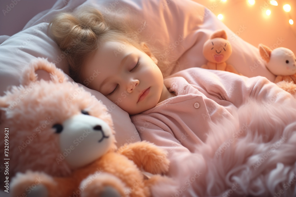 cute funny pretty beautiful happy baby child toddler boy girl sleeping in bedroom daughter son, toy calm sweet dream young parents care childhood comfortable teddy asleep pillow.