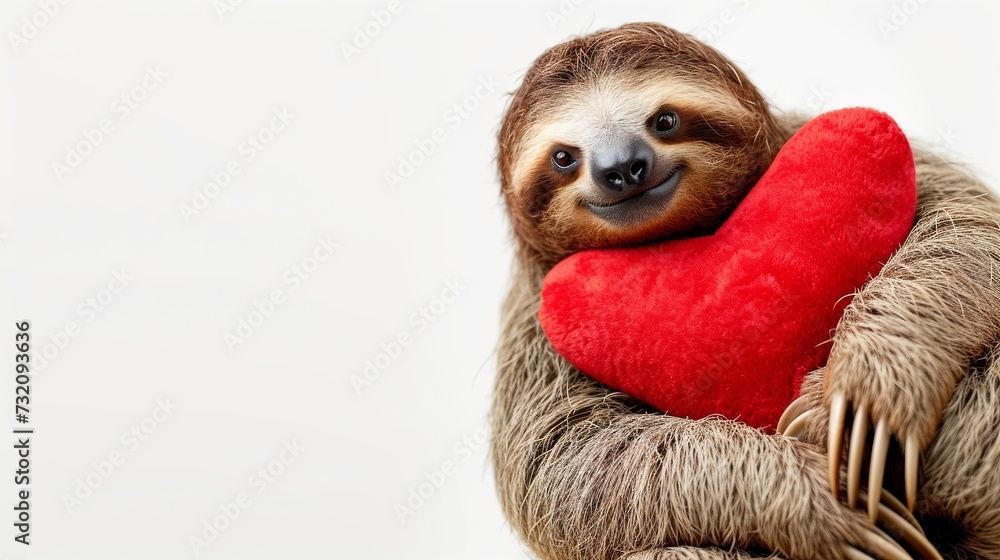 Fototapeta premium Amidst the warm, cozy indoor setting, a brown-furred sloth gently cradles a red heart, radiating love and affection as only an adorable mammal can