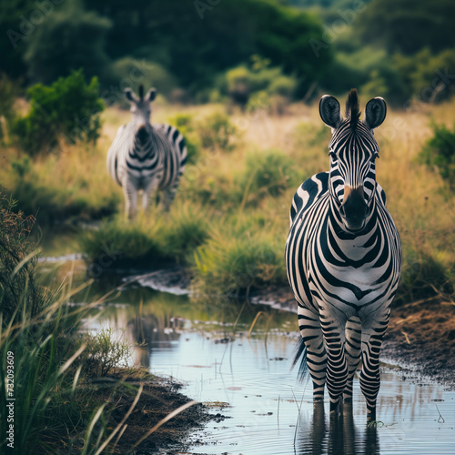 Zebras at Watering Hole in Natural Safari Landscape