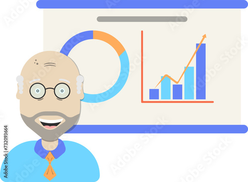 Old teacher with economics or finance blackboard