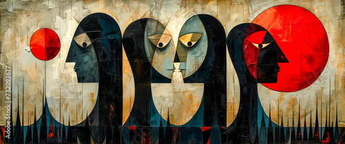 abstract painting with geometric forms figurative drawings retro expressionism elongated figures restrained expressionism wallpaper background digital art