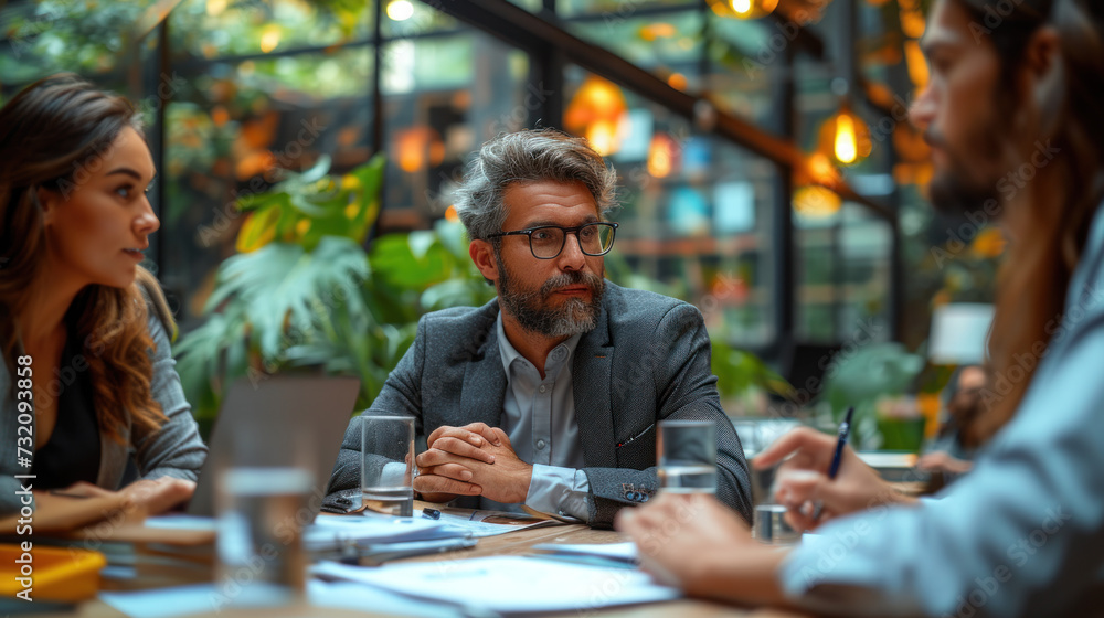 Business team working on a project in the office behind a table or reviewing and discussing a business project. IT workers in the office Business team working on a project in the office behind a table or reviewing and discussing a business project. IT workers in the office