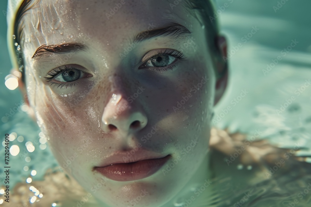 A serene portrait of a woman immersed in the calm waters of a swimming pool, her human face delicately framed by wet eyelashes as she swims gracefully A serene portrait of a woman immersed in the calm waters of a swimming pool, her human face delicately framed by wet eyelashes as she swims gracefully