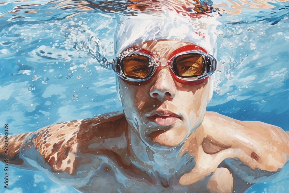 A determined swimmer prepares to conquer the water, sporting goggles and a cap as he stands at the edge of the outdoor pool